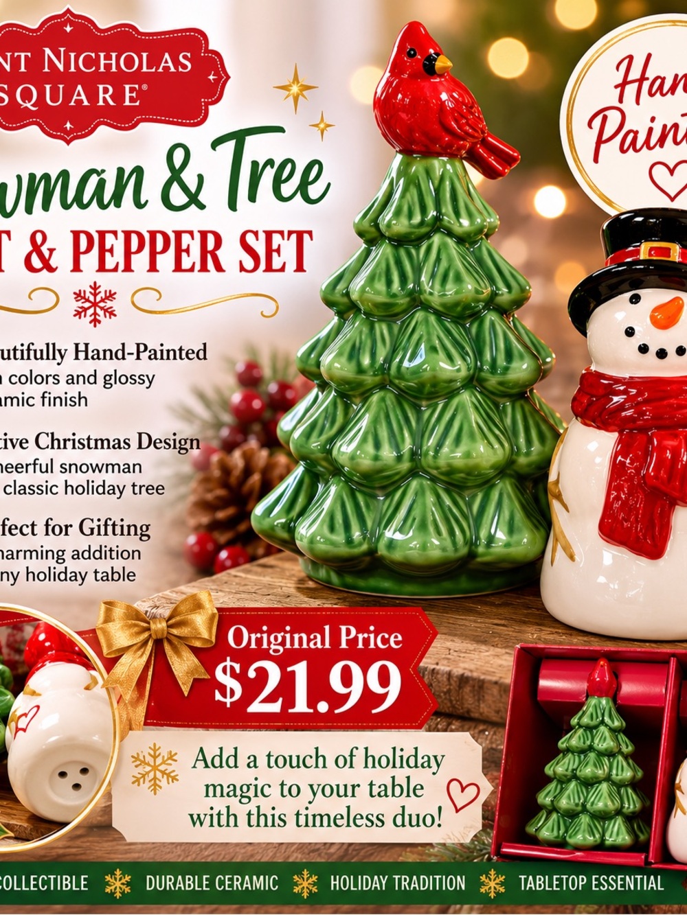 St. Nicholas Square Green Ceramic Tree and Red Cardinal Pair